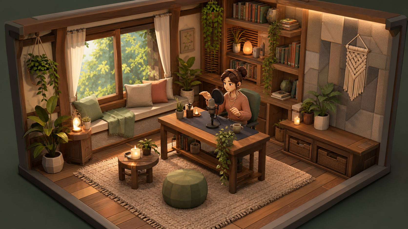 Low-poly creator character recording inside a warm X SPACE room