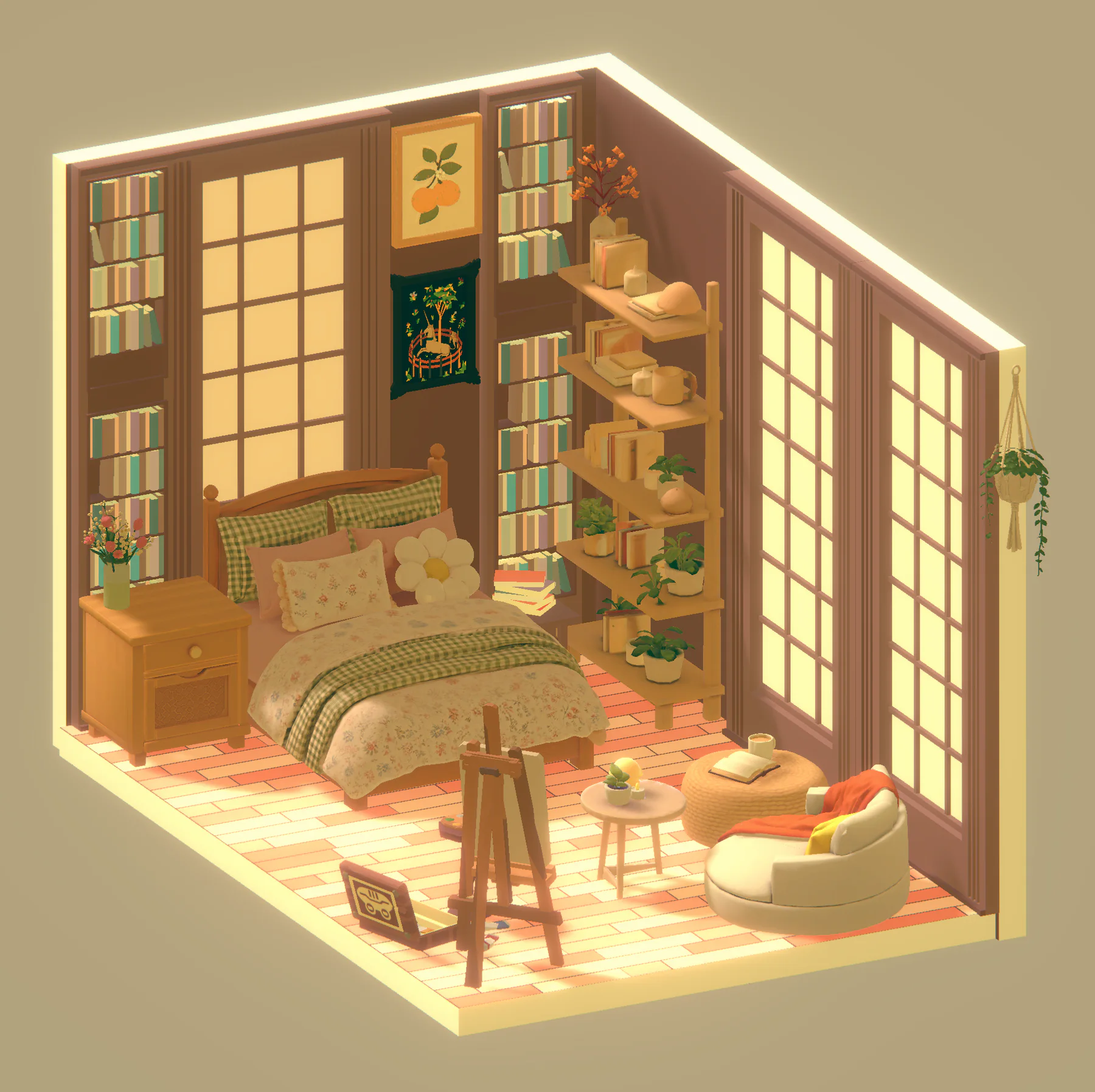 Warm library room with soft light, books and plants