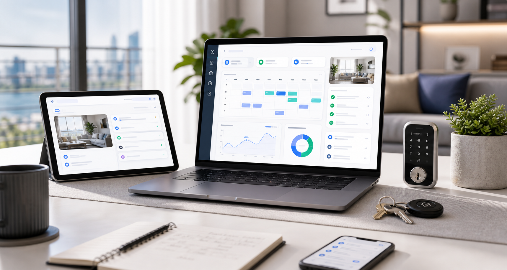 Homestay operations dashboard with calendar, cleaning tasks, and owner reporting