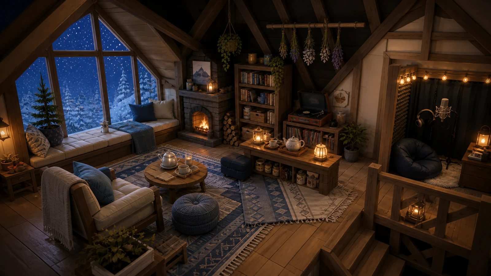 Winter Cabin from a human-height perspective camera